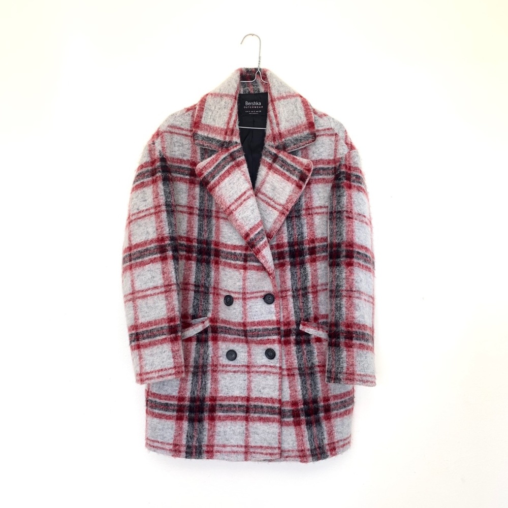 Plaid wool pea coat small
